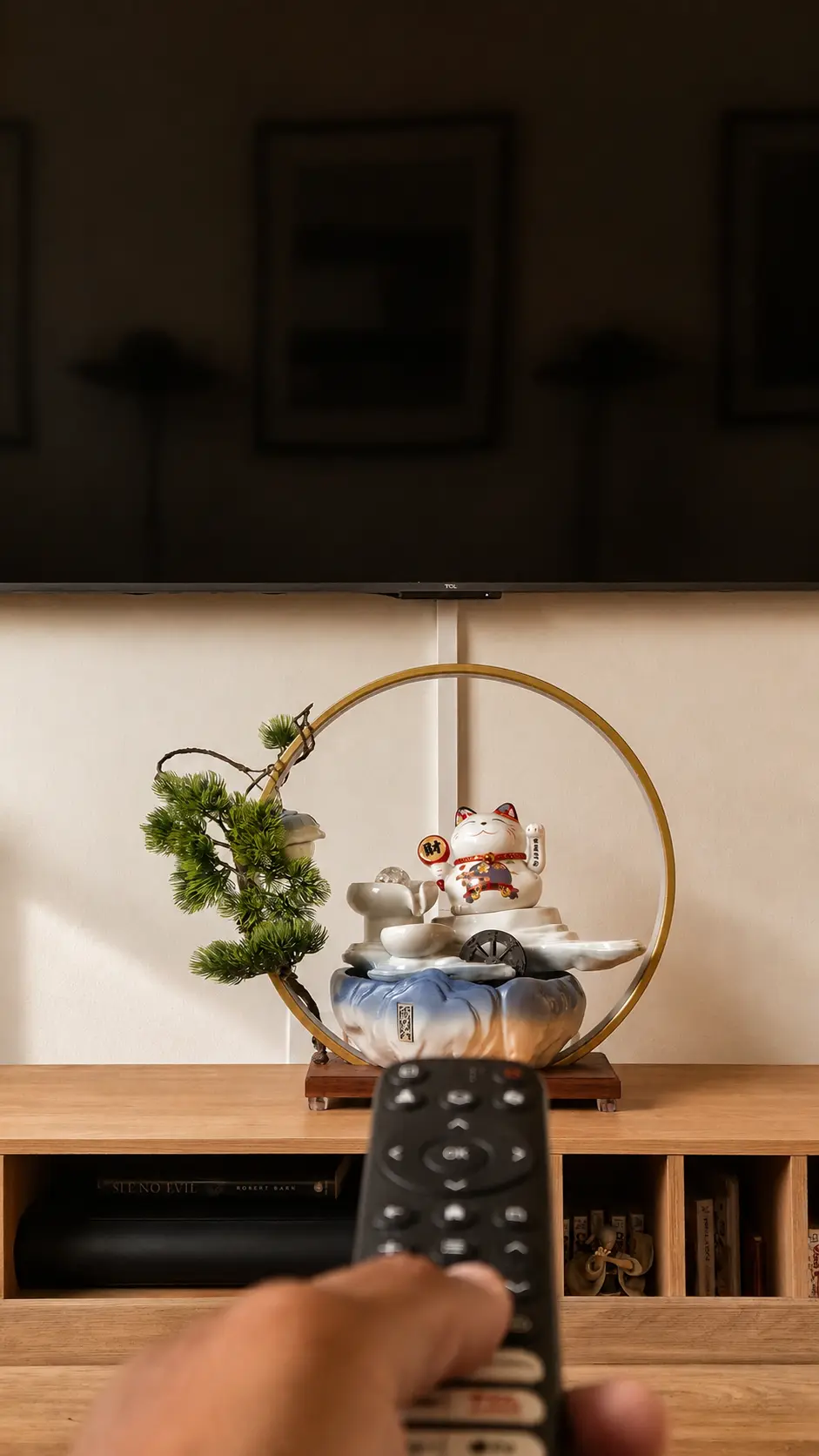 Console styling at Alexander Residence: a bonsai arrangement and shelving beneath the television