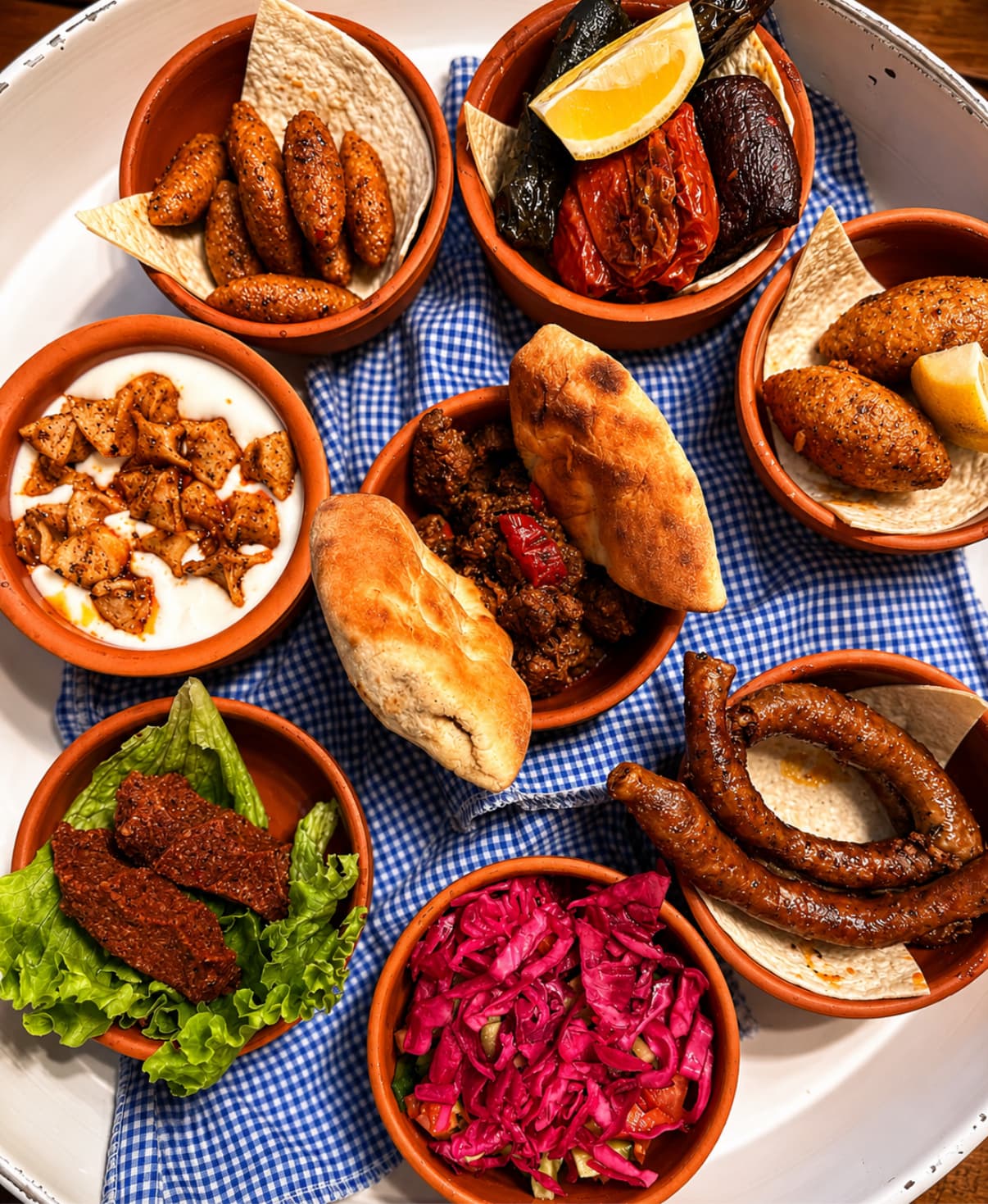 Overhead view of a shared meze spread of small plates, bread and tea on a marble table