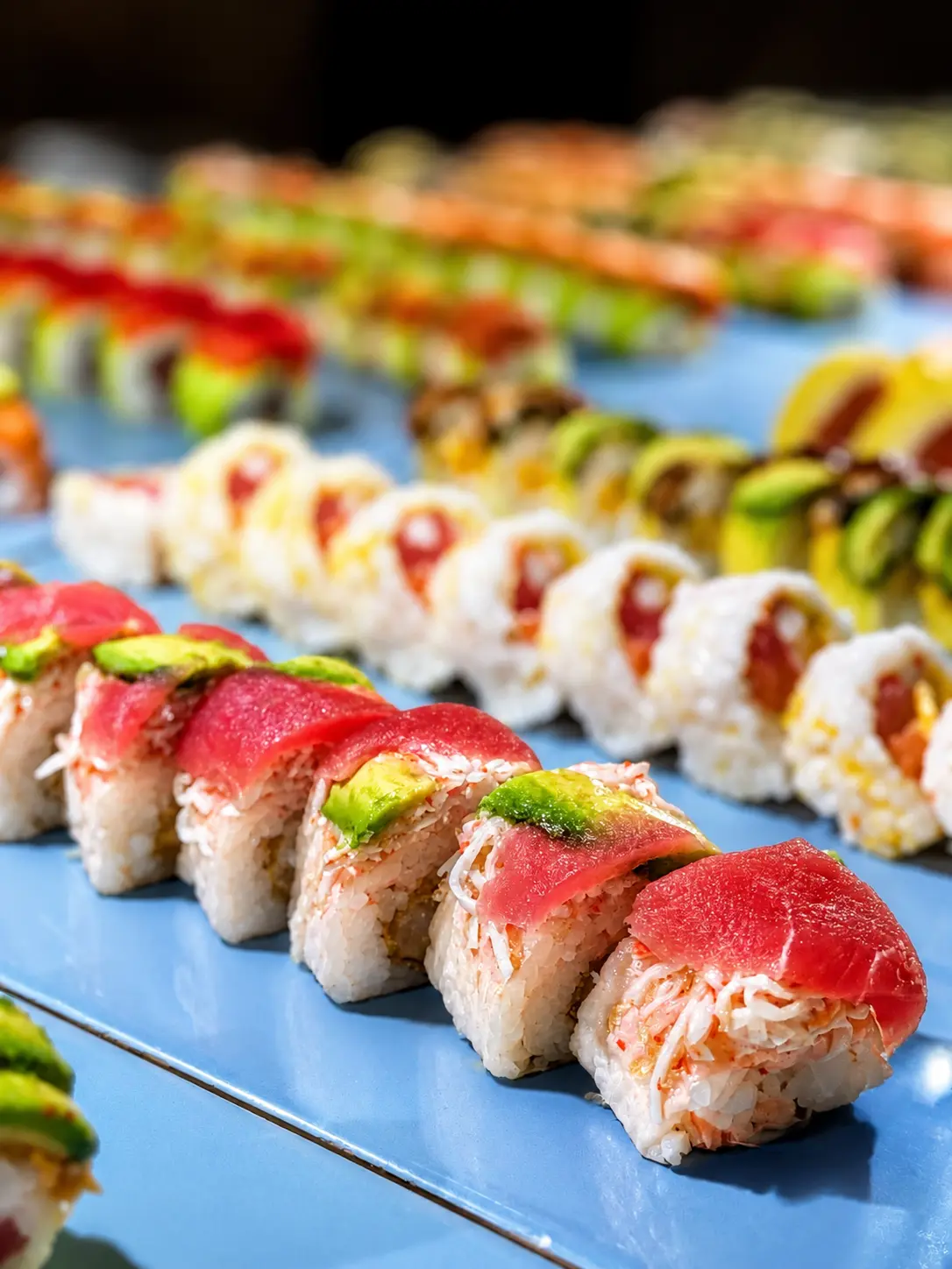 Rows of sushi rolls arranged on the cold service counter at Royal Buffet & Grill