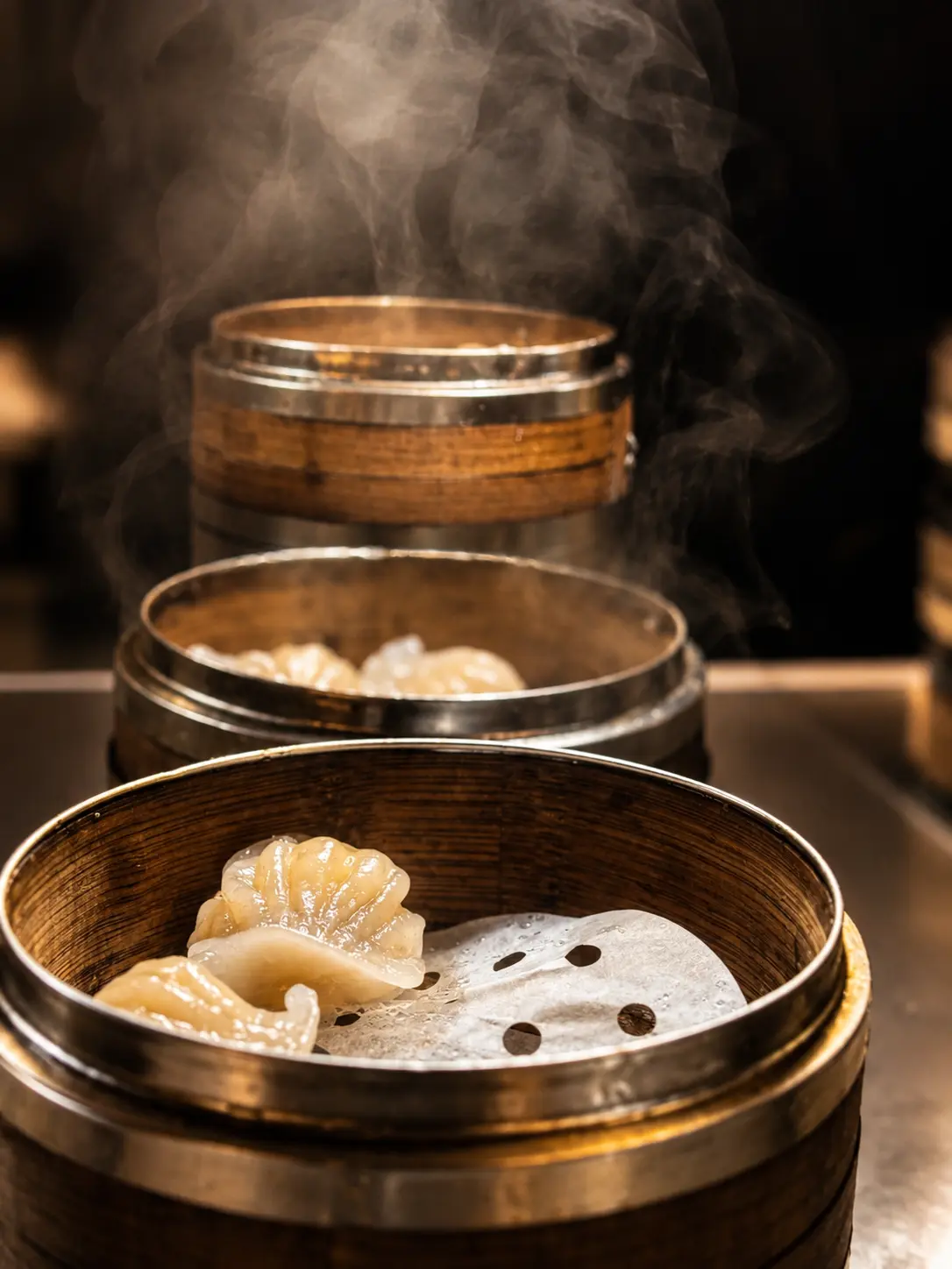 Steam rising from a tray of freshly cooked dumplings at Royal Buffet & Grill