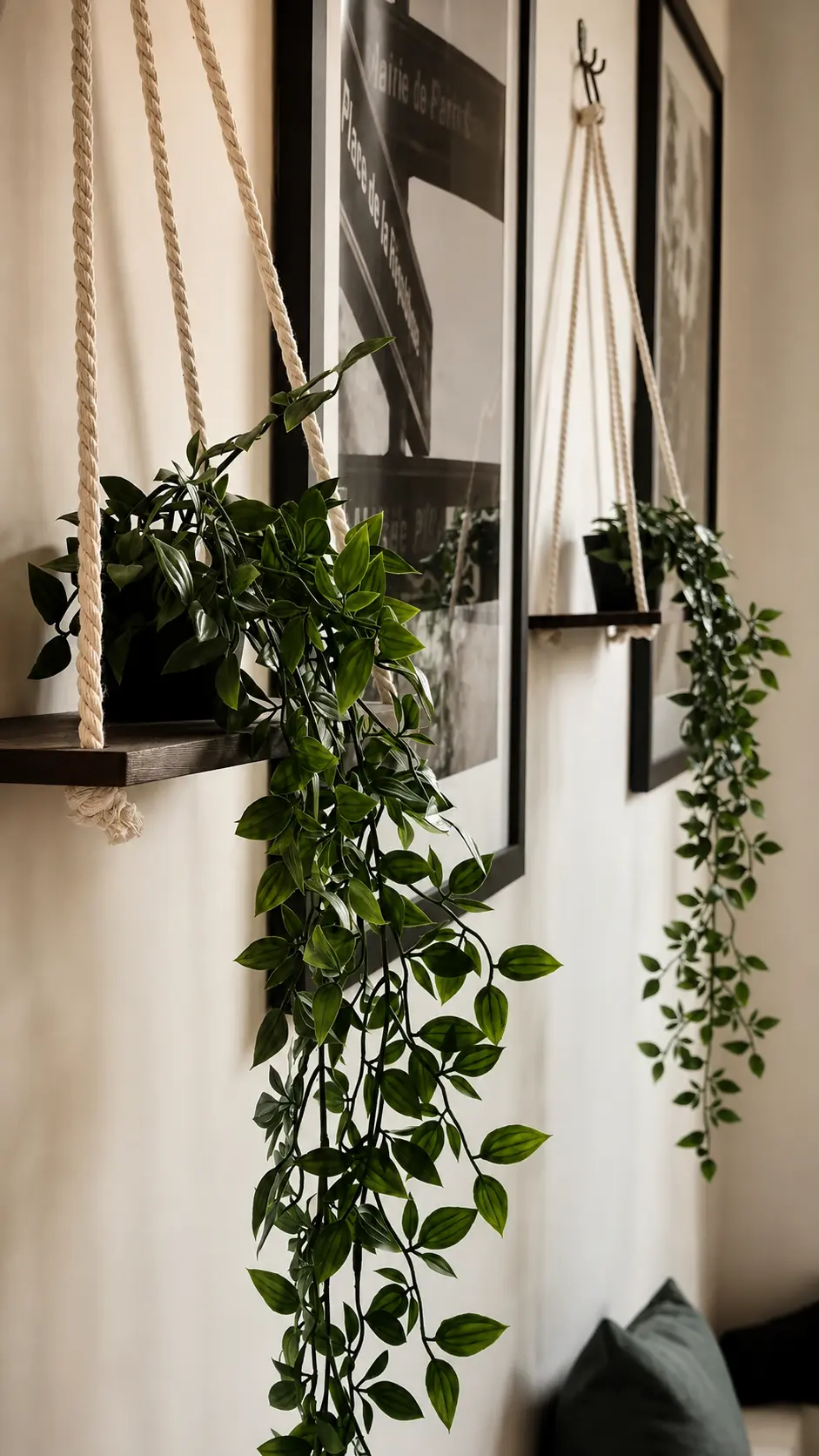 Layered hanging plants trailing beside framed photographs on a warm styled wall at Alexander Residence