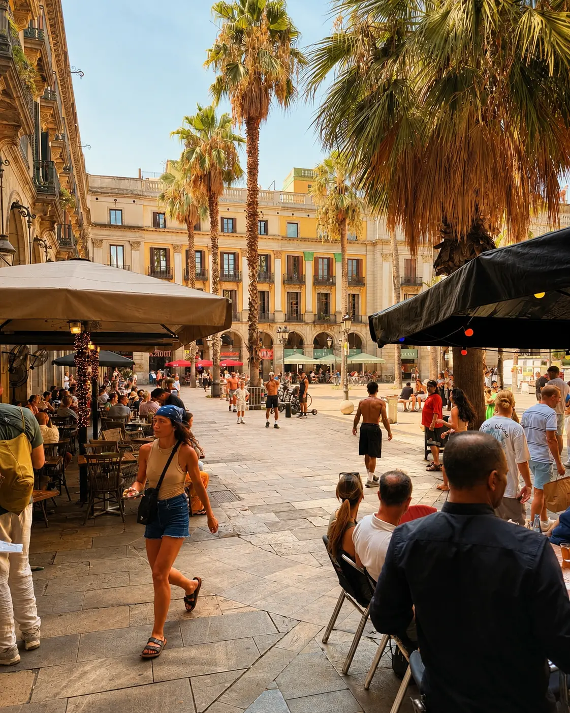 Plaça Reial in Barcelona, arcades and palms under warm light