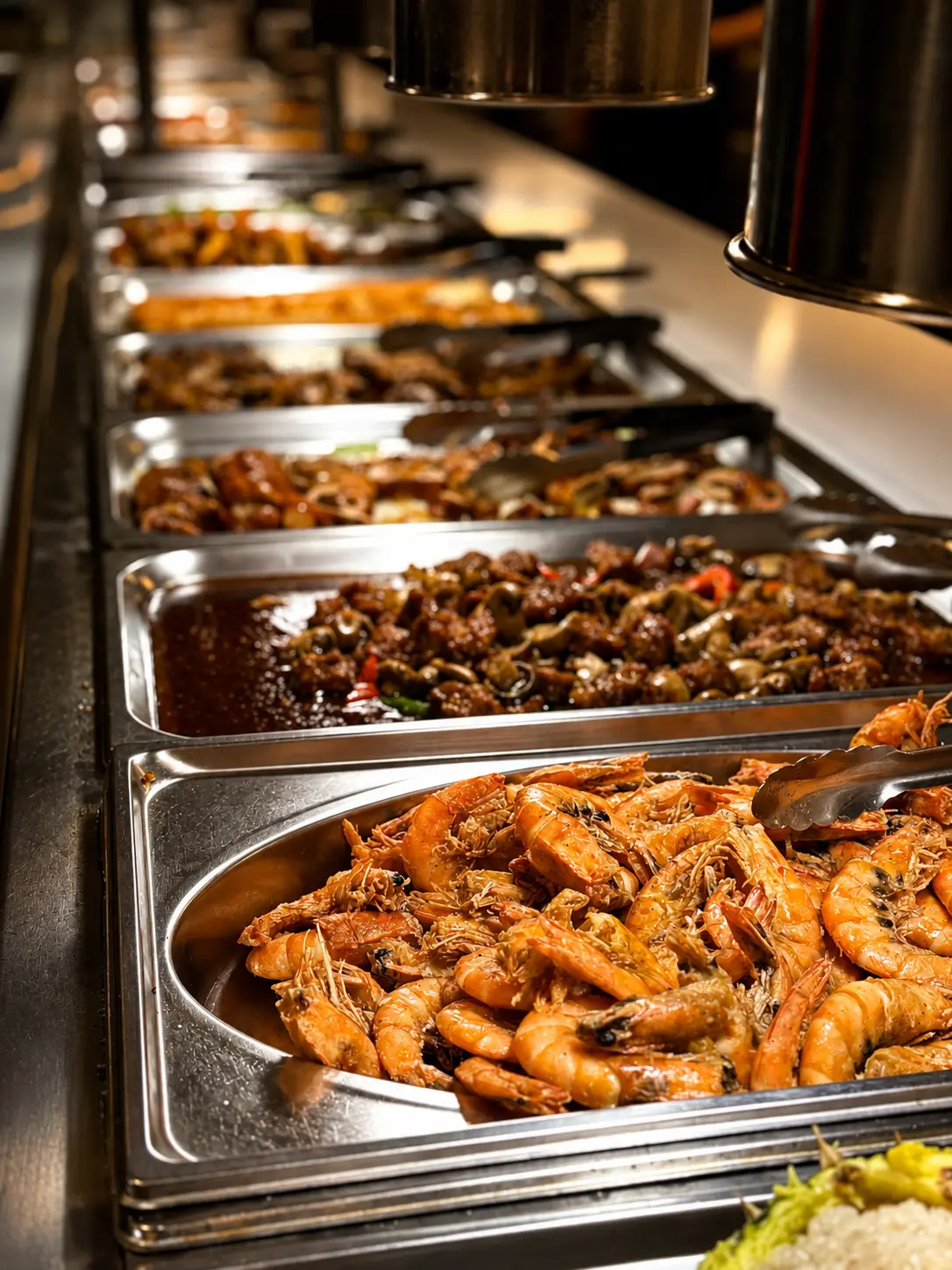 Trays of hot dishes along the buffet line at Royal Buffet & Grill